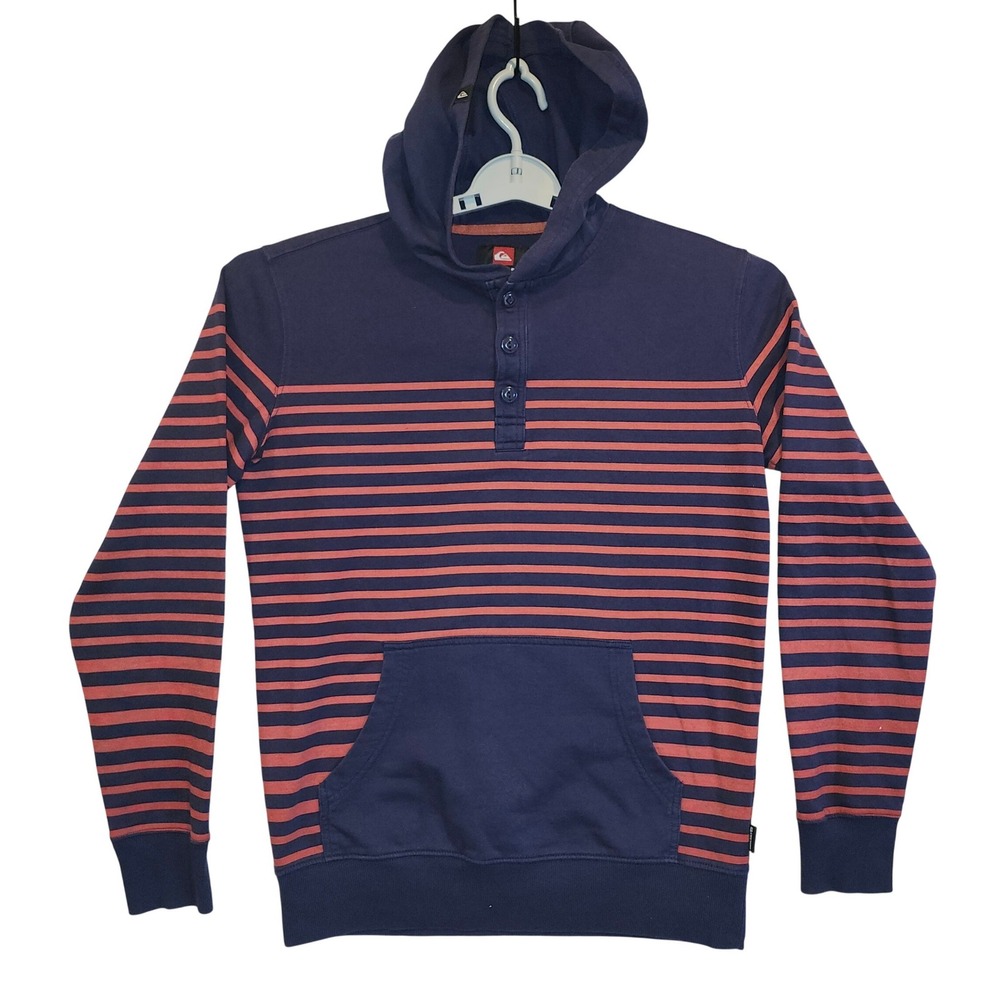 Quiksilver Mens Small Navy Blue Orange Striped Henley Hoodie Pullover Sweatshirt